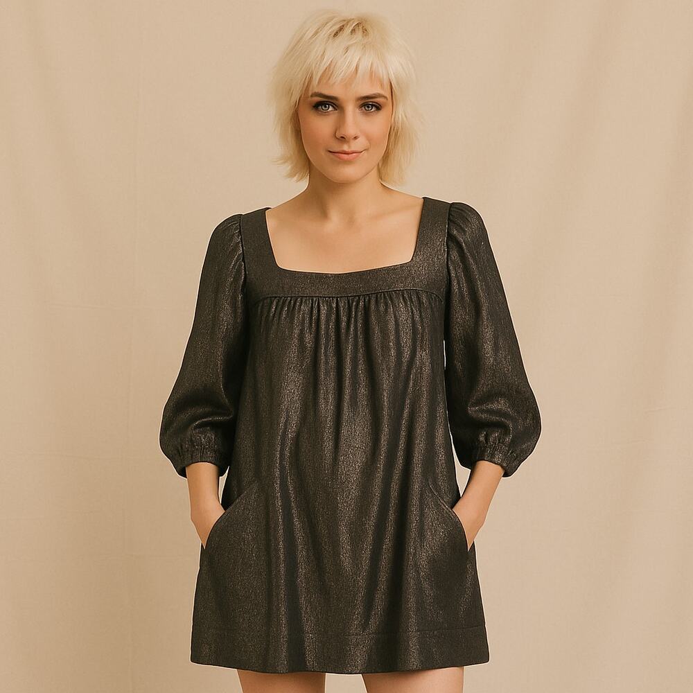 Betsey Johnson Vintage Metallic Silk Babydoll Puff Sleeve Dress Sz 8 Made in USA